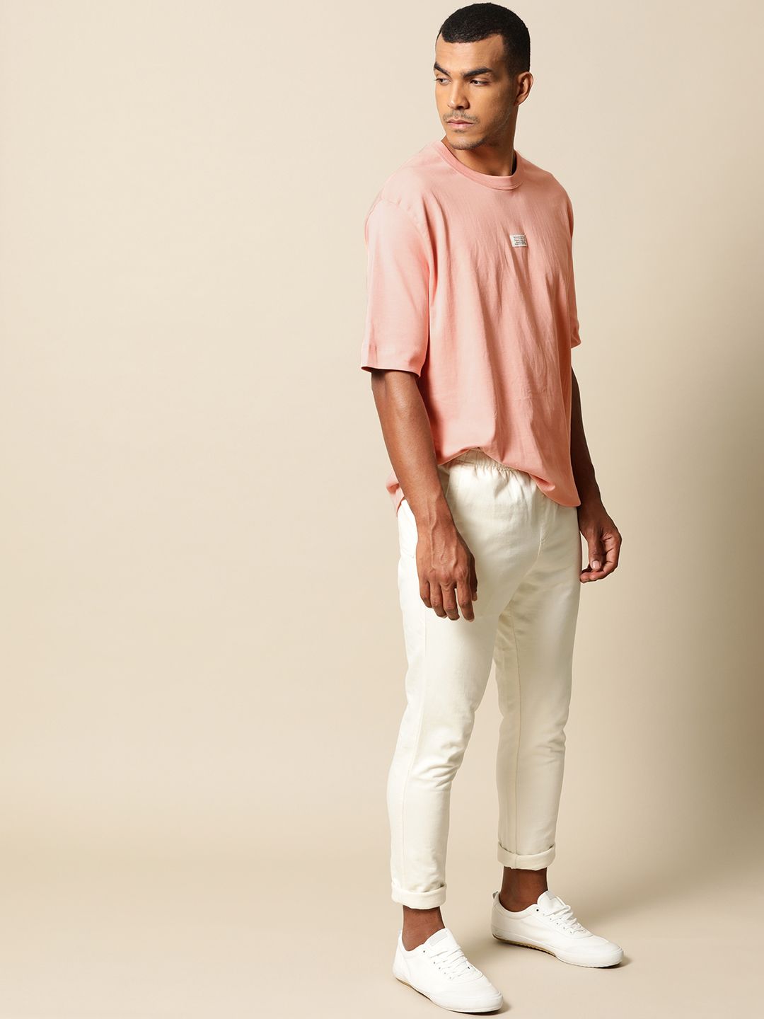 Mr Bowerbird Men Peach-Coloured Pure Cotton Philosophy Crew Neck Oversized Pure Cotton T-shirt