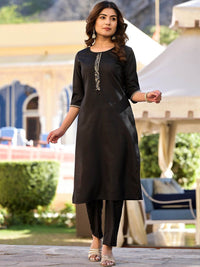 Vishudh Black & Gold Toned Round Neck Straight Kurta & Trousers With Dupatta