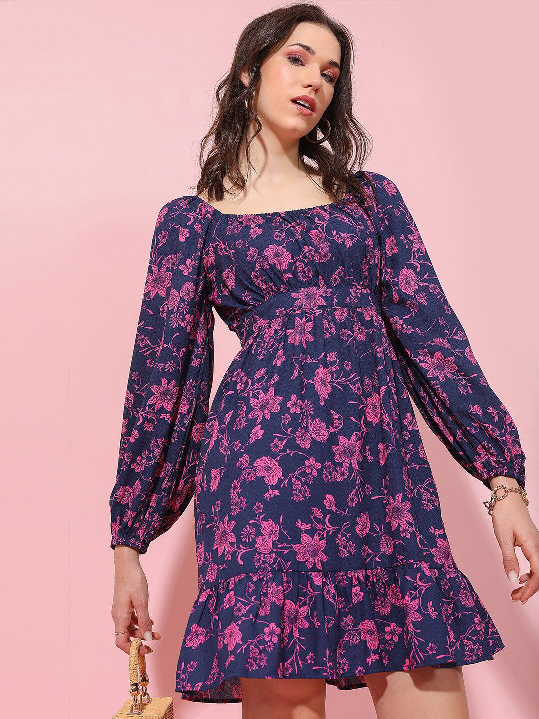 Tokyo Talkies Square Neck Floral Printed A-Line Dress