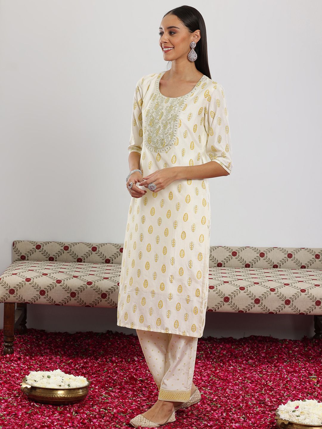 Libas Floral Printed Regular Sequinned Kurta with Palazzo & Dupatta