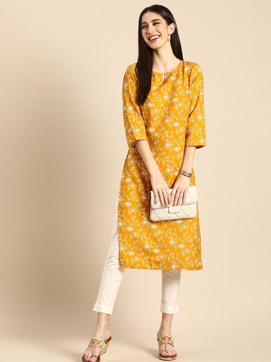 Anouk Women Yellow & White Floral Printed Pure Cotton A-Line Kurta