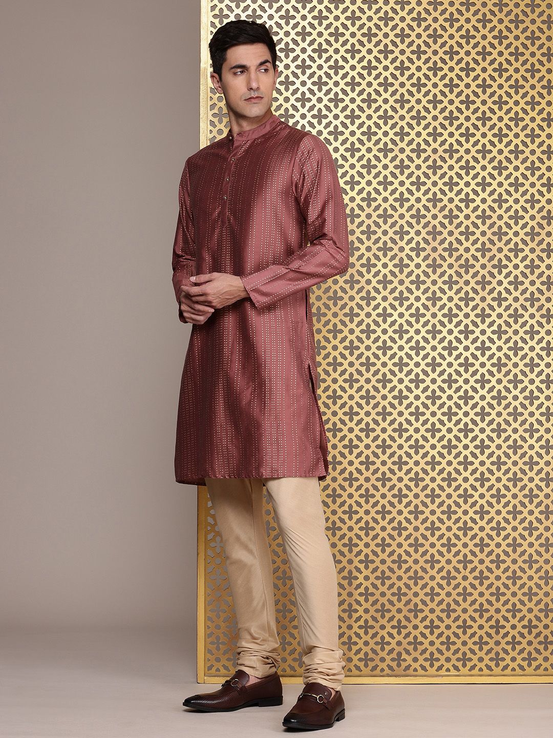 House of Pataudi Band Collar Striped Straight Rozana Kurta