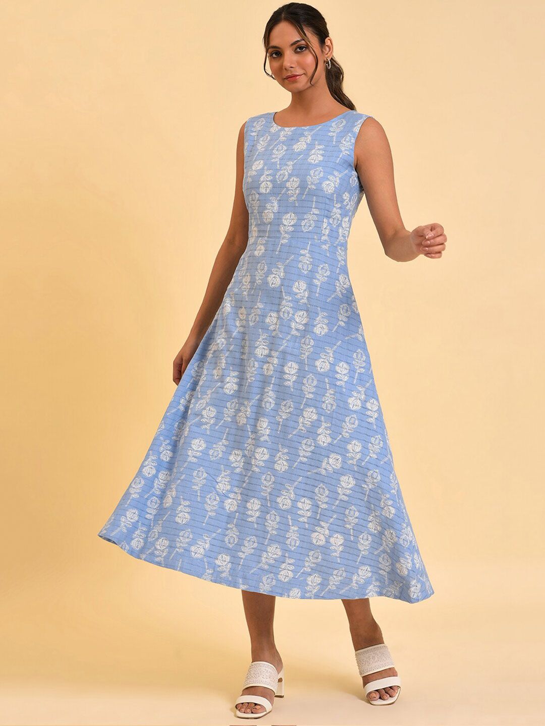 W Blue Floral Printed Pure Cotton A-Line Midi Dress