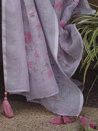 Indo Era Lavender & Pink Floral Embroidered Thread Work Linen Kurta Set