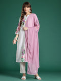 Indo Era Floral Printed Beads and Stones Linen Kurta with Trousers & With Dupatta