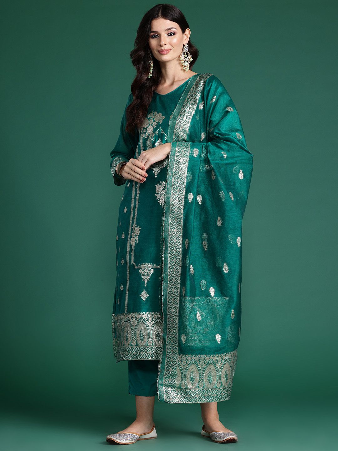 Indo Era Ethnic Motifs Woven Design Zari Kurta With Trousers & Dupatta