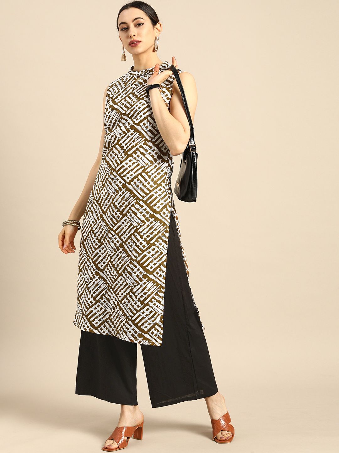Anouk Women Brown And White Printed Keyhole-Neckline Pure Cotton Kurta with Palazzo