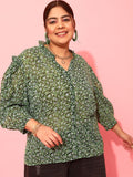 CURVY STREET Plus Size Floral Printed Puff Sleeves Satin Top