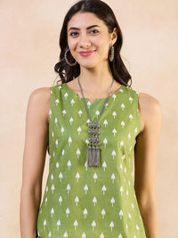 Anouk  Print Cotton Green Geometric Printed Sleeveless Top