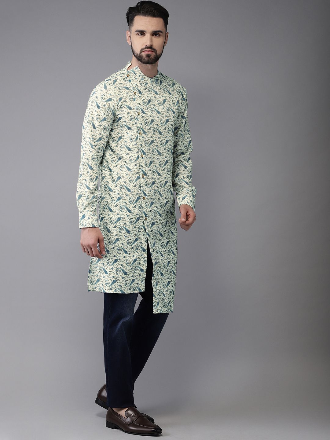 Anouk Men Sea Green & Blue Printed Fusion Straight Kurta
