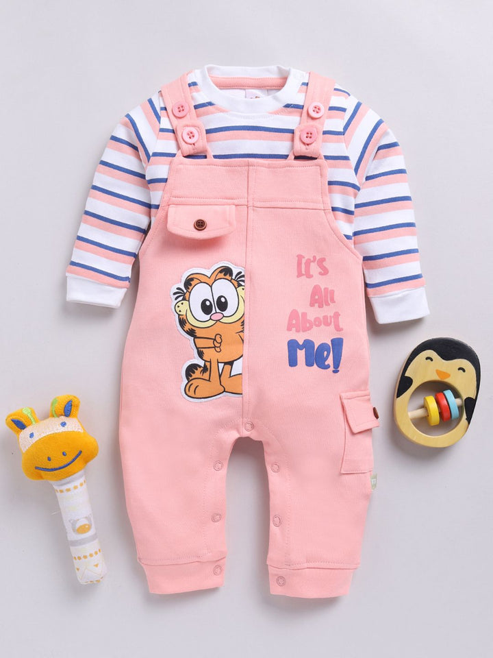 Moms Love Infants Boys Pure Cotton Applique Detail Dungaree With Striped T-Shirt