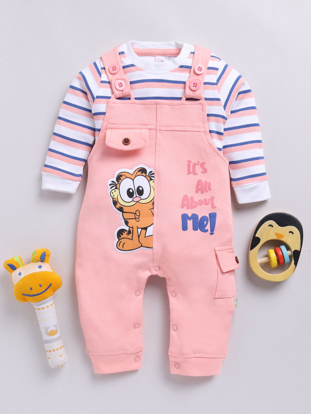 Moms Love Infants Boys Pure Cotton Applique Detail Dungaree With Striped T-Shirt