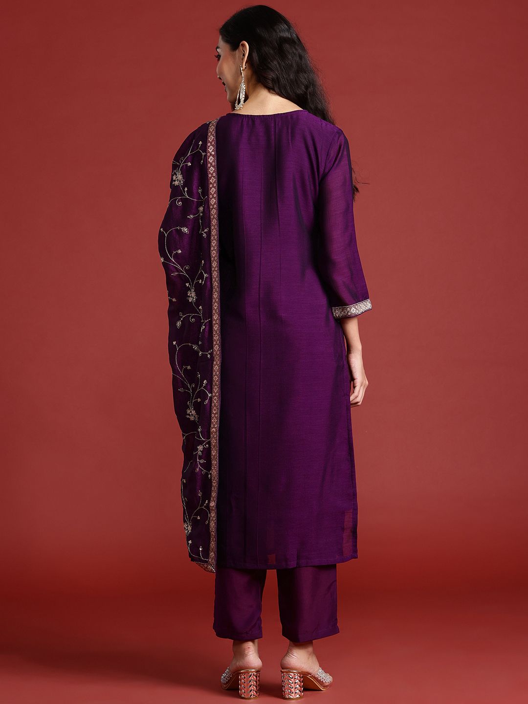 Indo Era Floral Embroidered Sequinned Kurta With Trousers & Dupatta