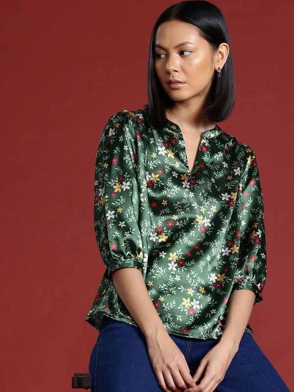 all about you Floral Print Satin Finish Mandarin Collar Puff Sleeve Top