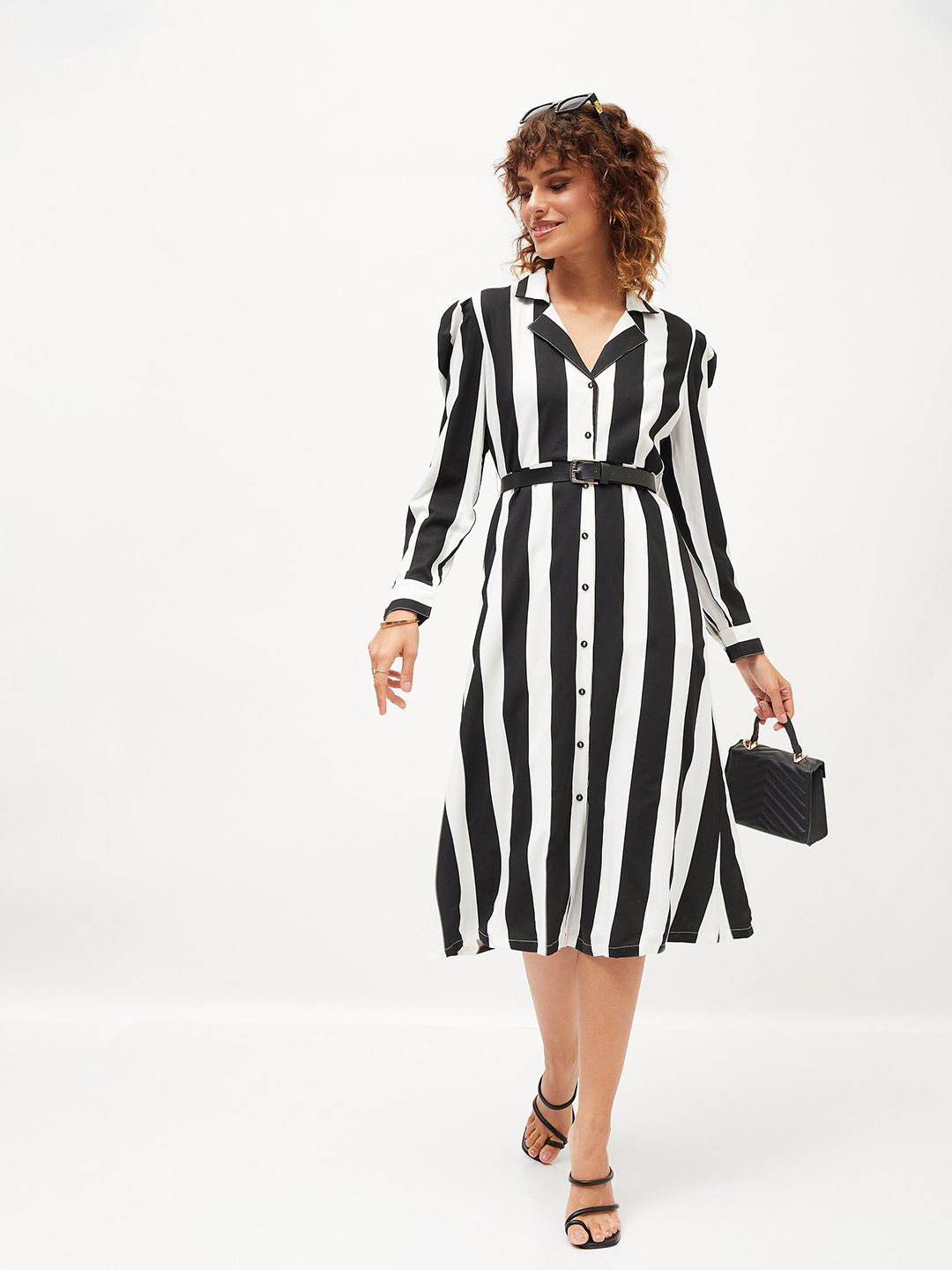 SASSAFRAS Black Striped A-Line Dress