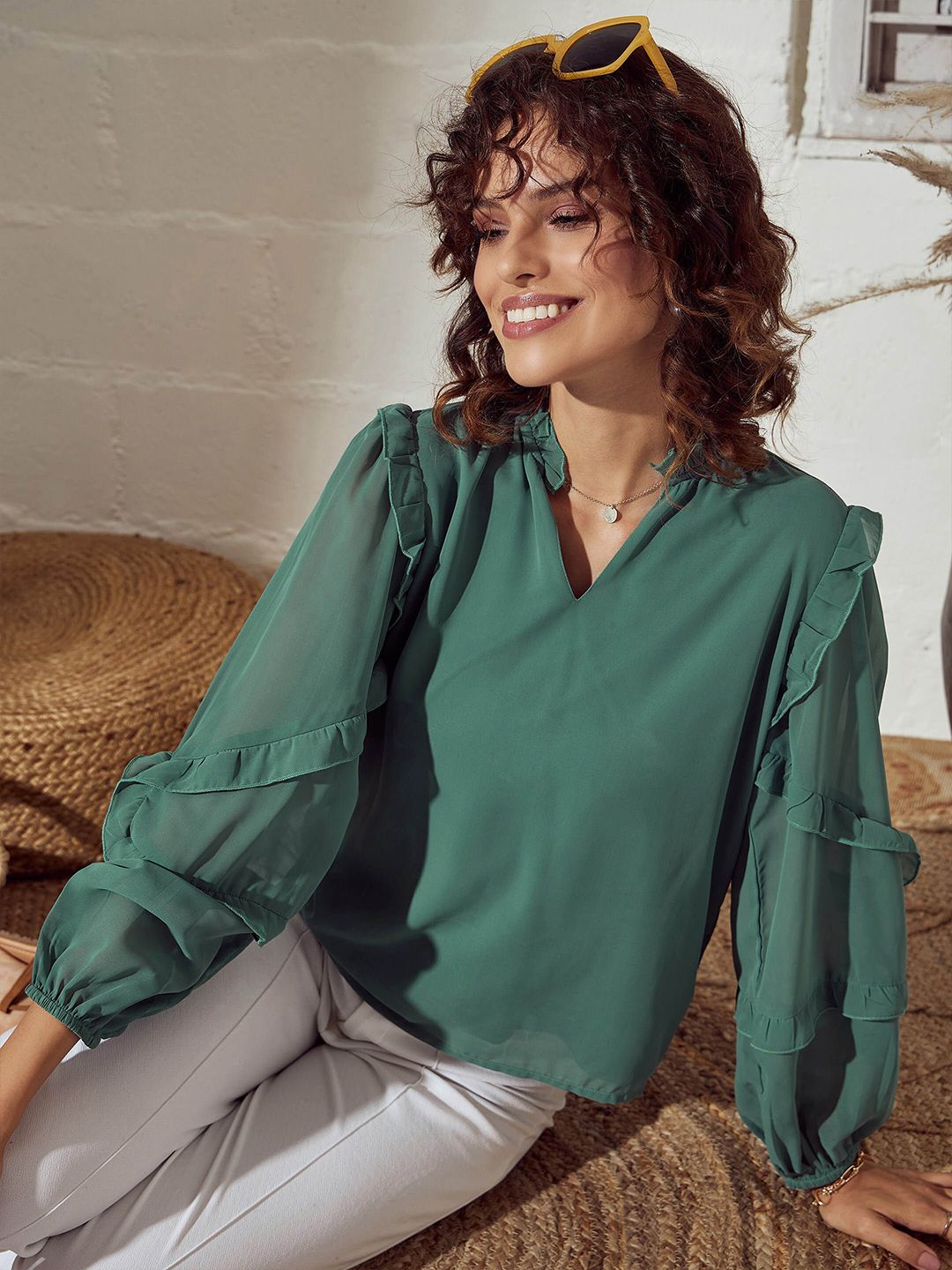 SASSAFRAS Sea Green V-Neck Puff Sleeves Ruffled Top