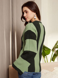 Berrylush Green Striped Acrylic Pullover Sweater