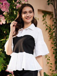 Athena White & Black Colourblocked Pure Cotton Peplum Top