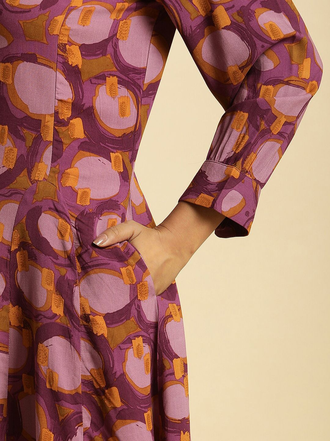 W Floral Printed Shirt Collar Cuffed Sleeves Shirt Style Dress