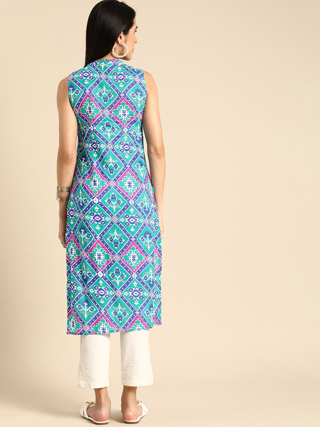 Anouk Women Geometric Print Band Collar Pure Cotton Straight Kurta