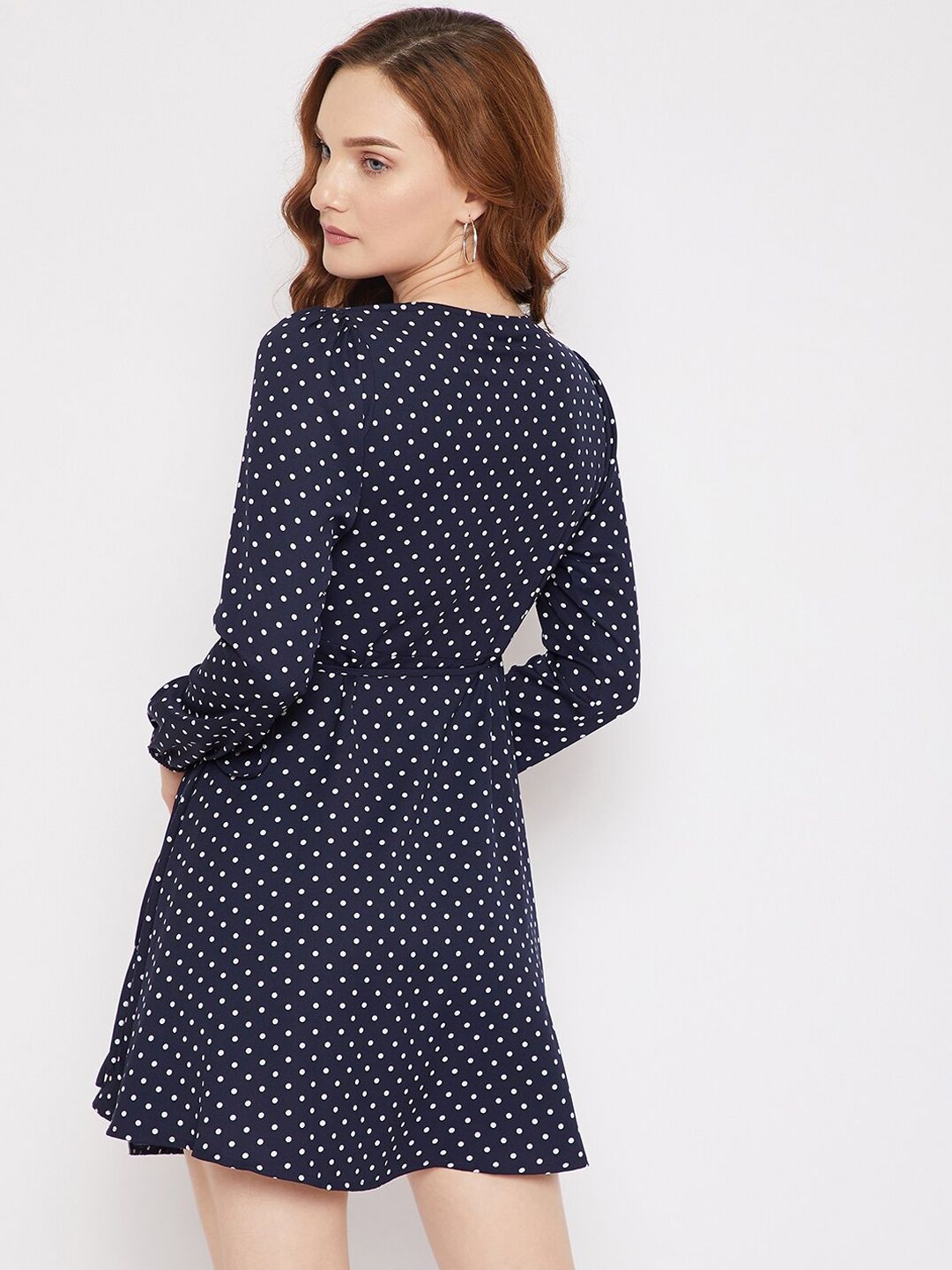 Berrylush Women Navy Blue Polka Dots Printed Crepe Wrap Dress