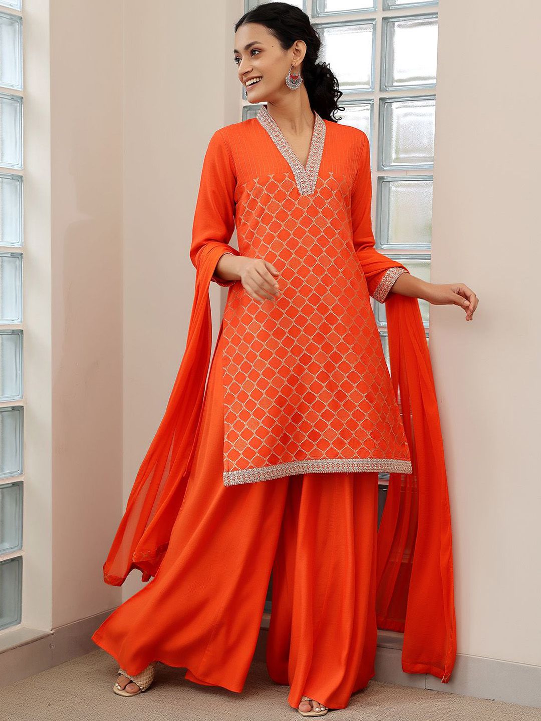 Libas V Neck Regular Sequinned Straight Kurti with Palazzos & Dupatta