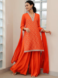 Libas V Neck Regular Sequinned Straight Kurti with Palazzos & Dupatta