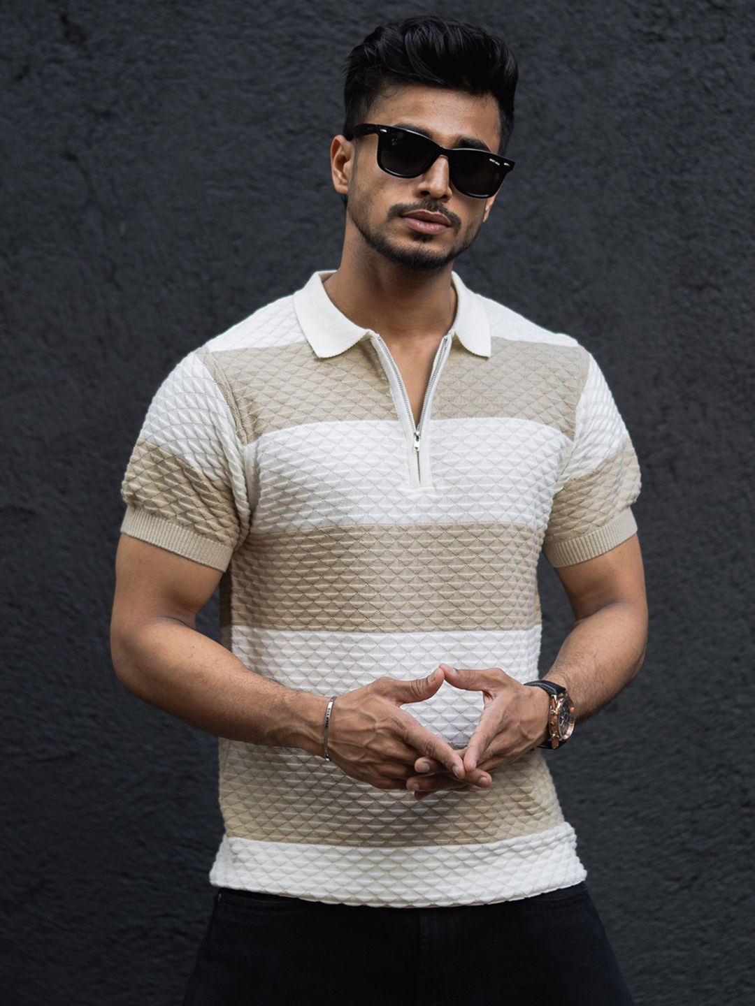 Powerlook Men Striped Polo Collar Cotton T-shirt