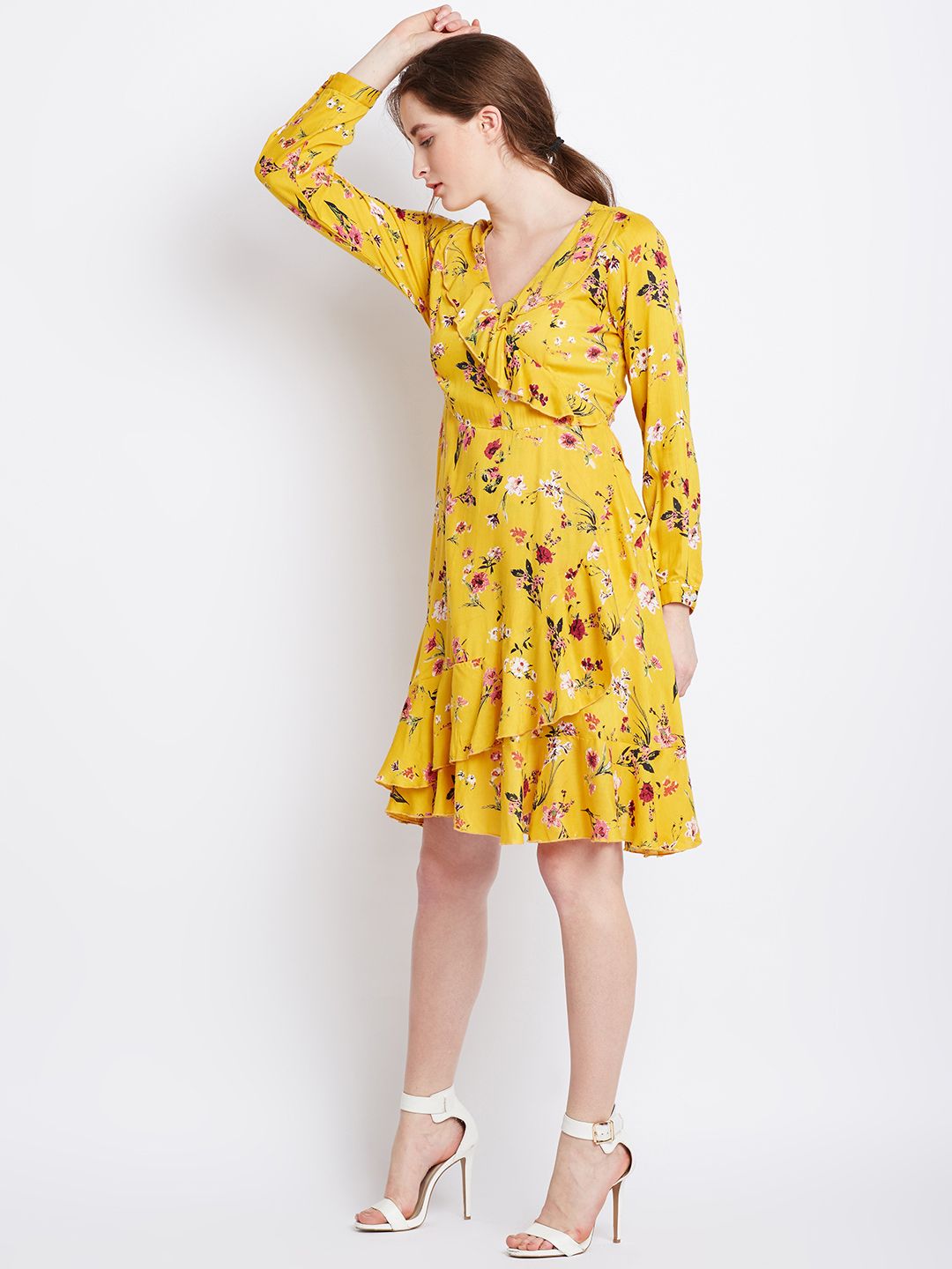 Berrylush Women Yellow Floral Printed Fit and Flare Dress