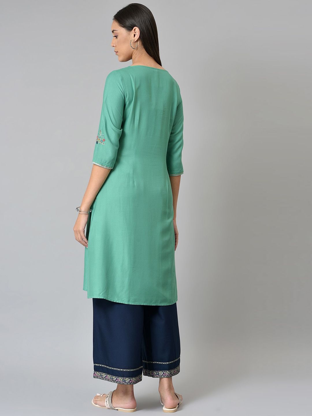 W Festive Floral Print Rayon Straight Kurta