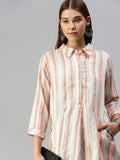 Global Desi Coral & White Shirt Collar Striped Tunic