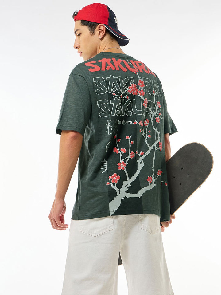 Bewakoof Air 1.0 Men Grey Sakura Graphic Printed Oversized T-shirt