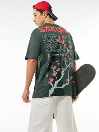 Bewakoof Air 1.0 Men Grey Sakura Graphic Printed Oversized T-shirt