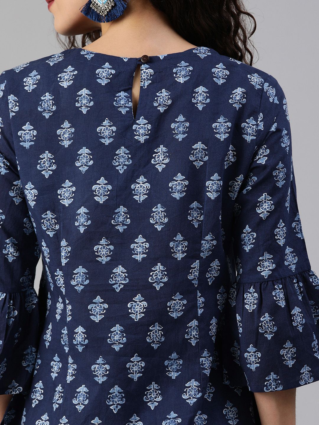 Anouk Navy Blue Ethnic Motifs Bell Sleeved Pure Cotton Top