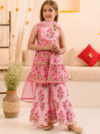 pspeaches Girls Floral Printed Gotta Patti Pure Cotton Kurta With Sharara & Dupatta