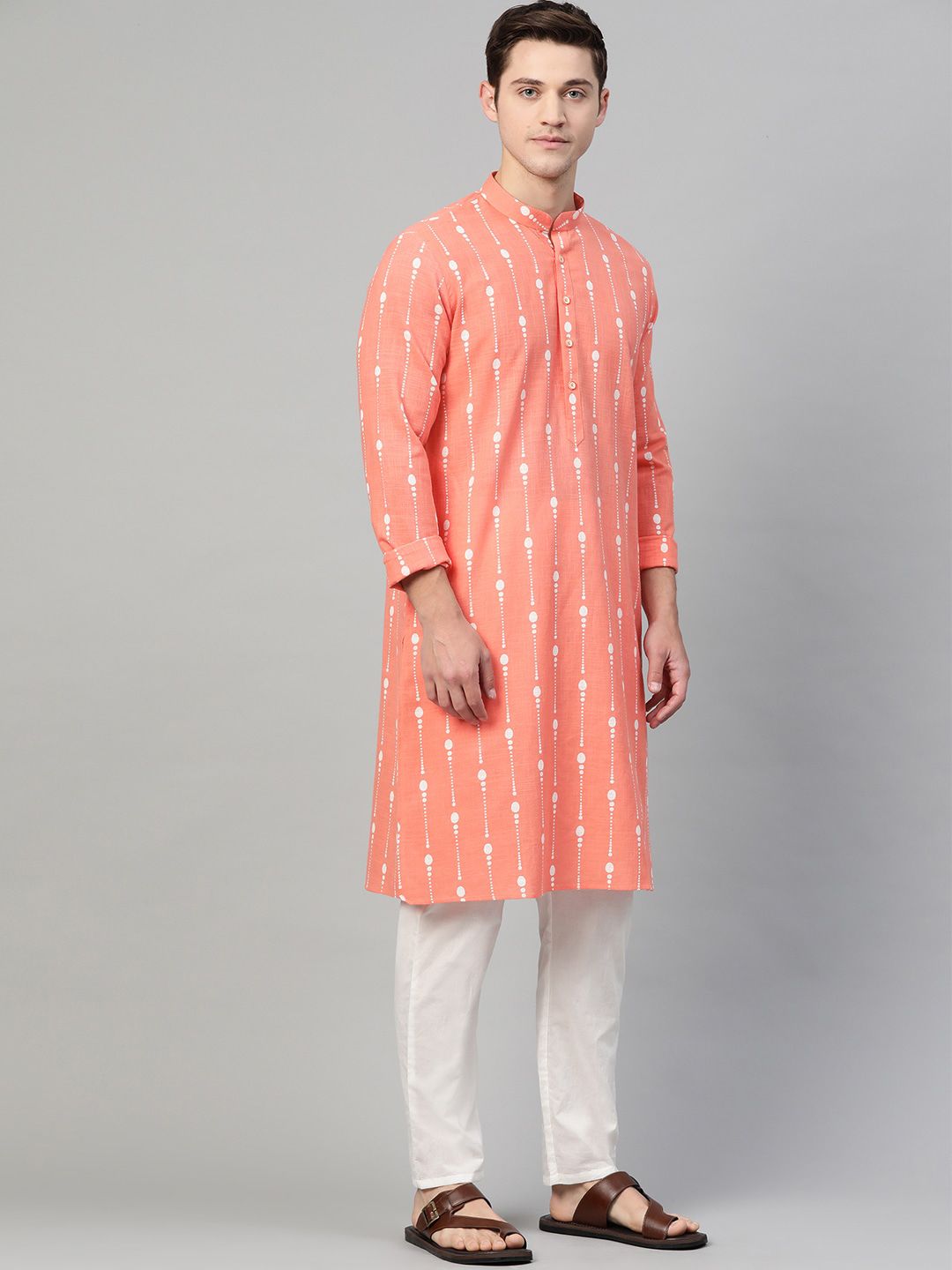 See Designs Men Peach-Coloured & White Self Design Kurta with Pyjamas