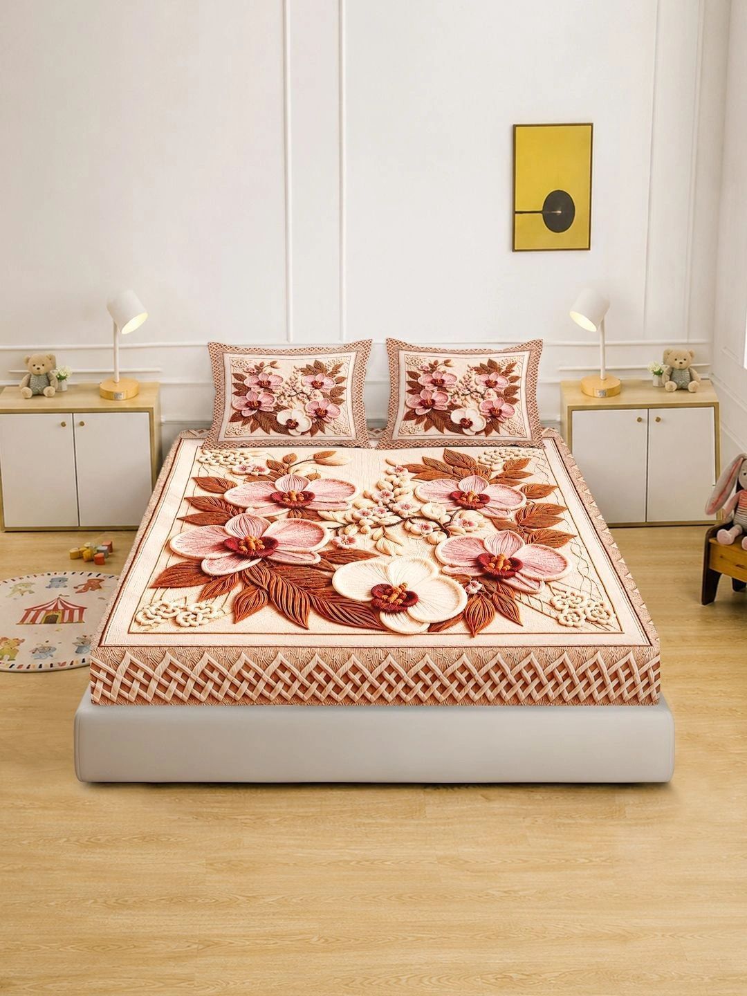 KLOTTHE Beige & Brown Floral 400 TC King Bedsheet with 2 Pillow Covers