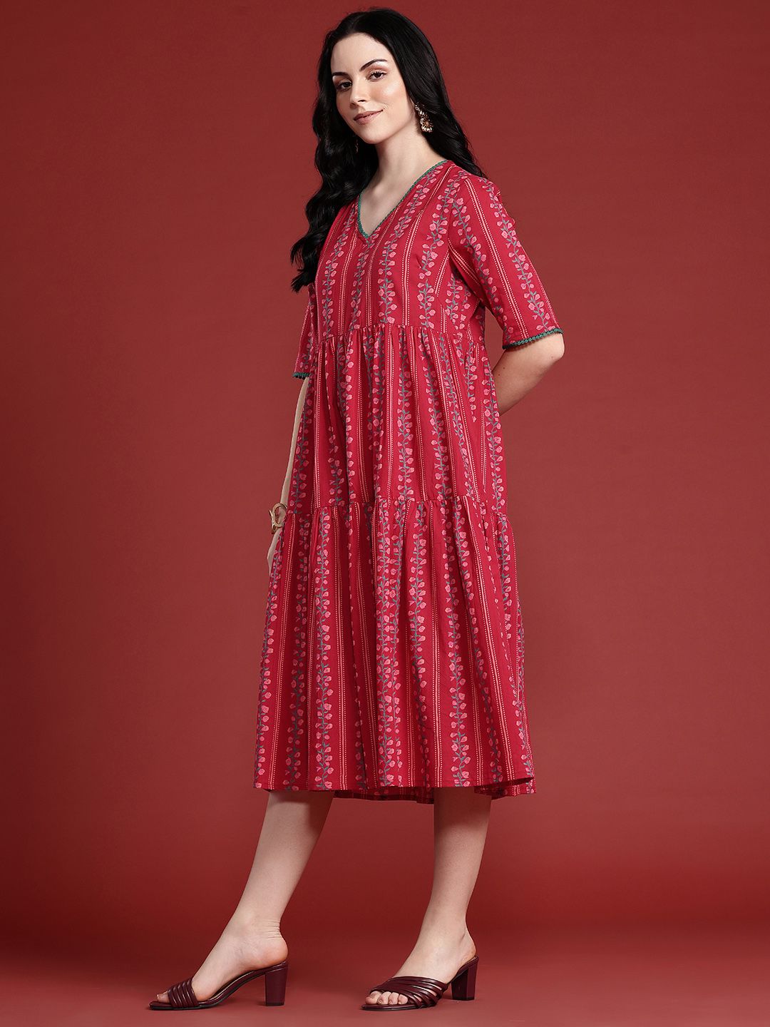 Anouk Floral Print Pleated  Pure Cotton Tiered Ethnic Dress