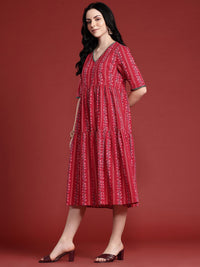 Anouk Floral Print Pleated  Pure Cotton Tiered Ethnic Dress