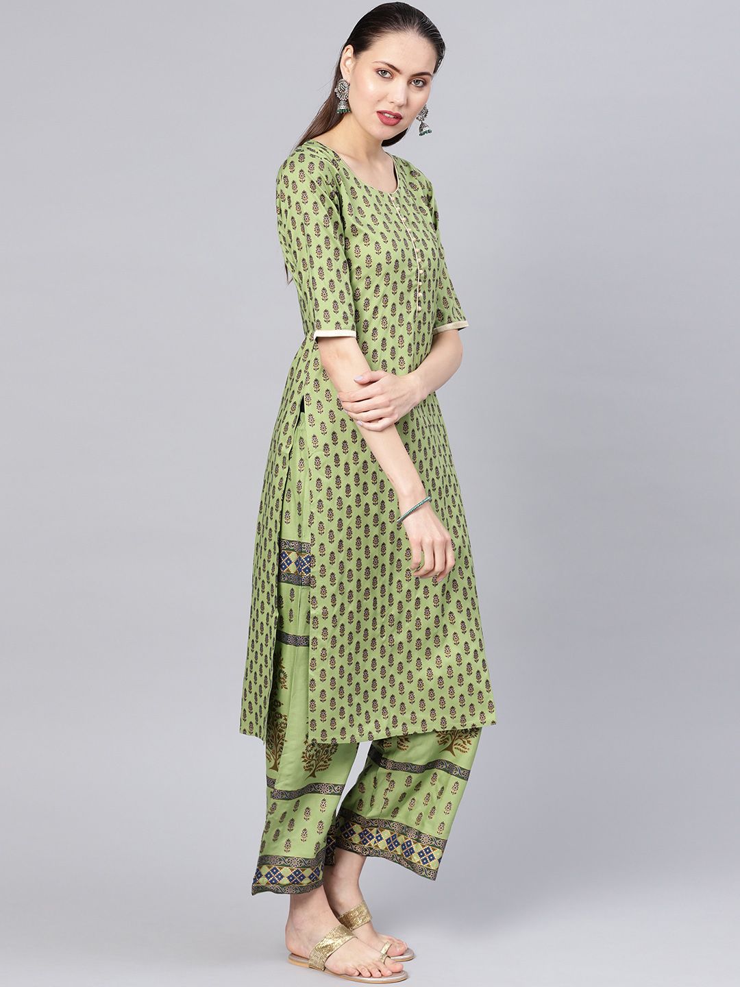 Libas Women Green & Navy Block Print Kurta with Palazzos