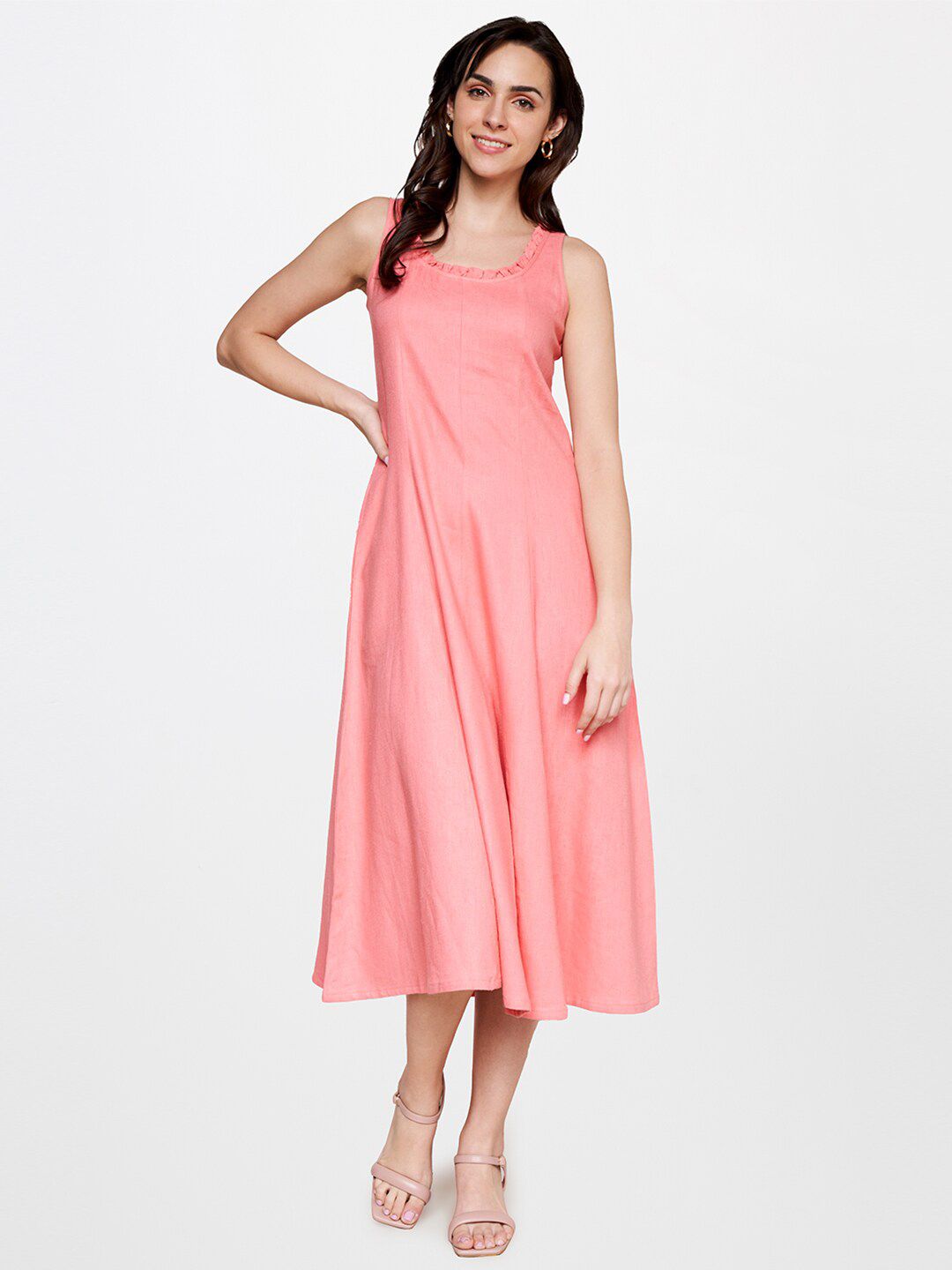 AND Round Neck Tie Up Linen A-Line Midi Dress