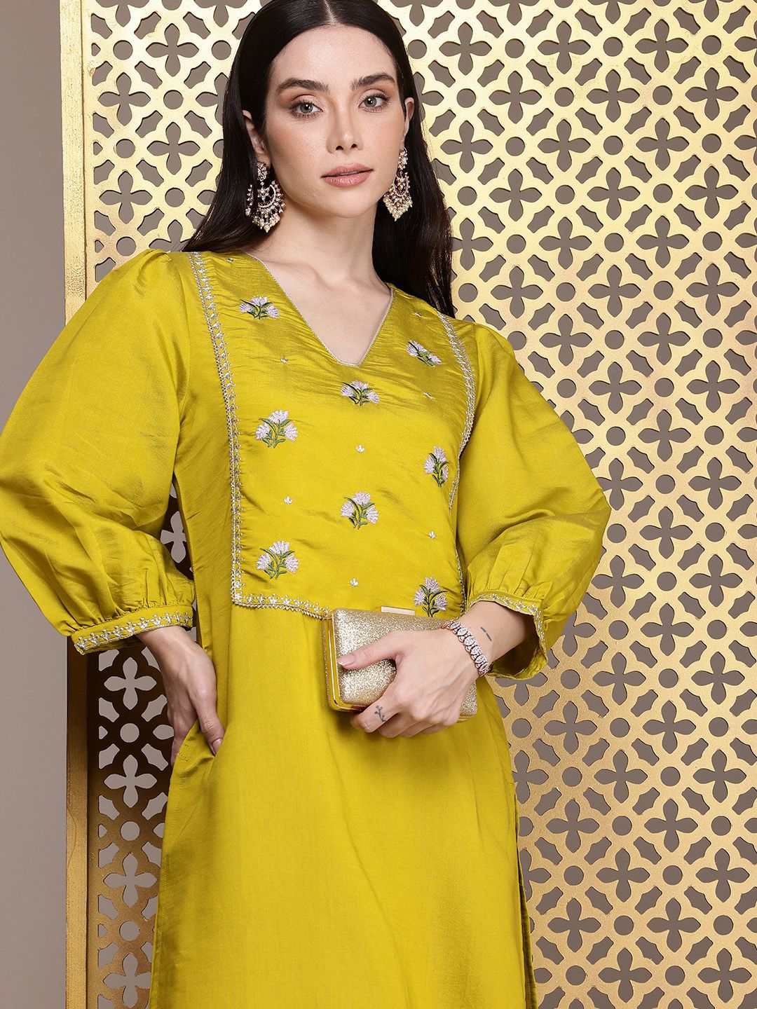 House of Pataudi Ethnic Motifs Embroidered Puff Sleeves Jashn Kurta