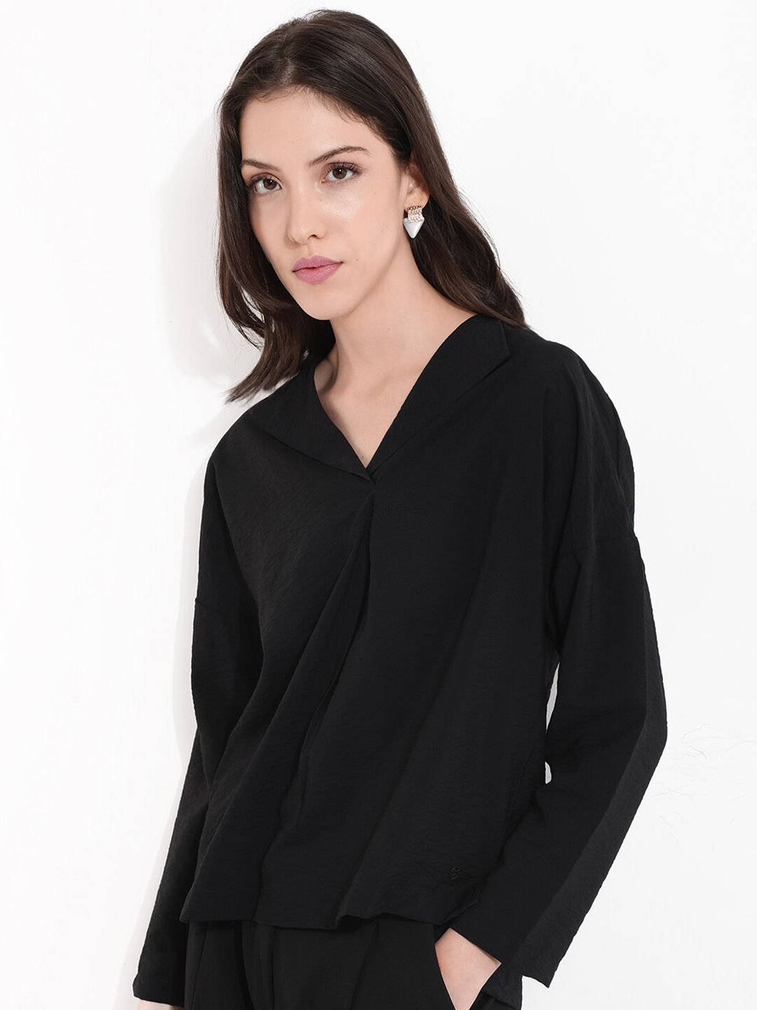 RAREISM Solid Lapel Collar Cotton Top