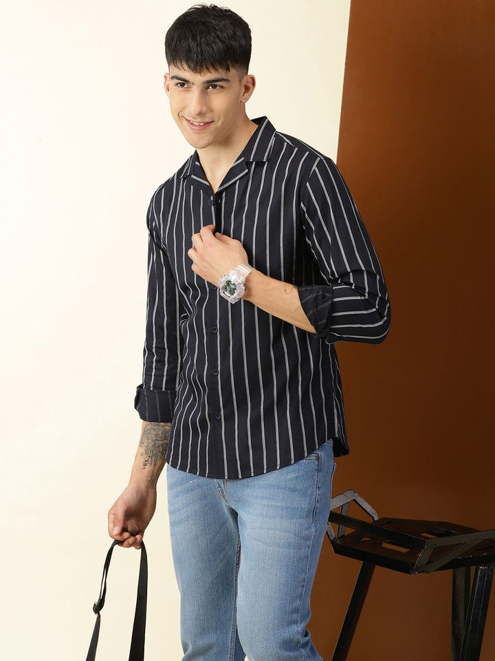 Thomas Scott Classic Vertical Stripes Cuban Collar Cotton Casual Shirt