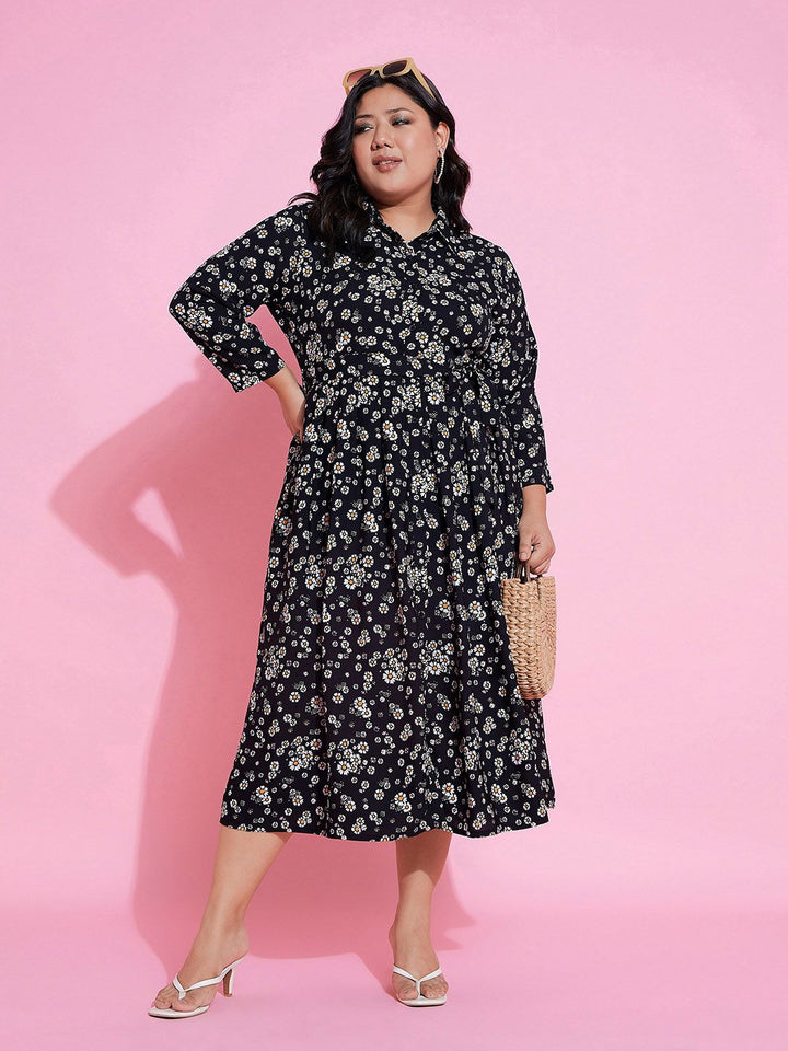 SASSAFRAS Curve Black Plus Size Floral Printed Shirt Collar Belted Shirt Midi Dress