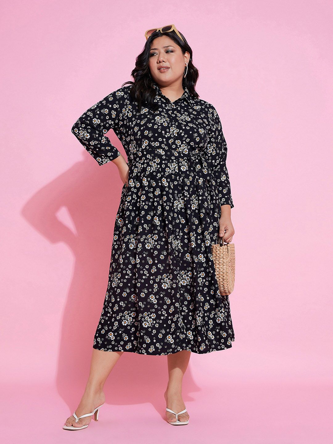 SASSAFRAS Curve Black Plus Size Floral Printed Shirt Collar Belted Shirt Midi Dress