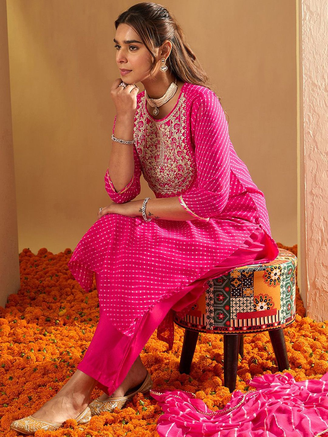 Indo Era Leheriya Printed Sequinned Straight Georgette Kurta with Trousers & Dupatta
