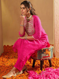 Indo Era Leheriya Printed Sequinned Straight Georgette Kurta with Trousers & Dupatta