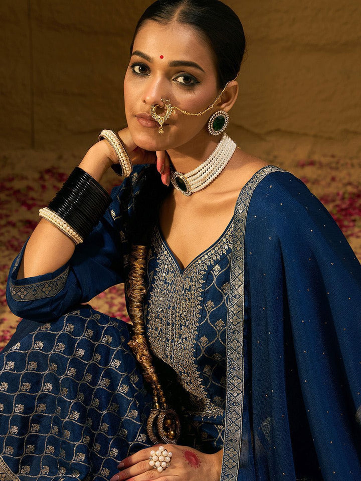 Indo Era Ethnic Motifs Embroidered V-Neck Jacquard Straight Kurta With Trousers & Dupatta