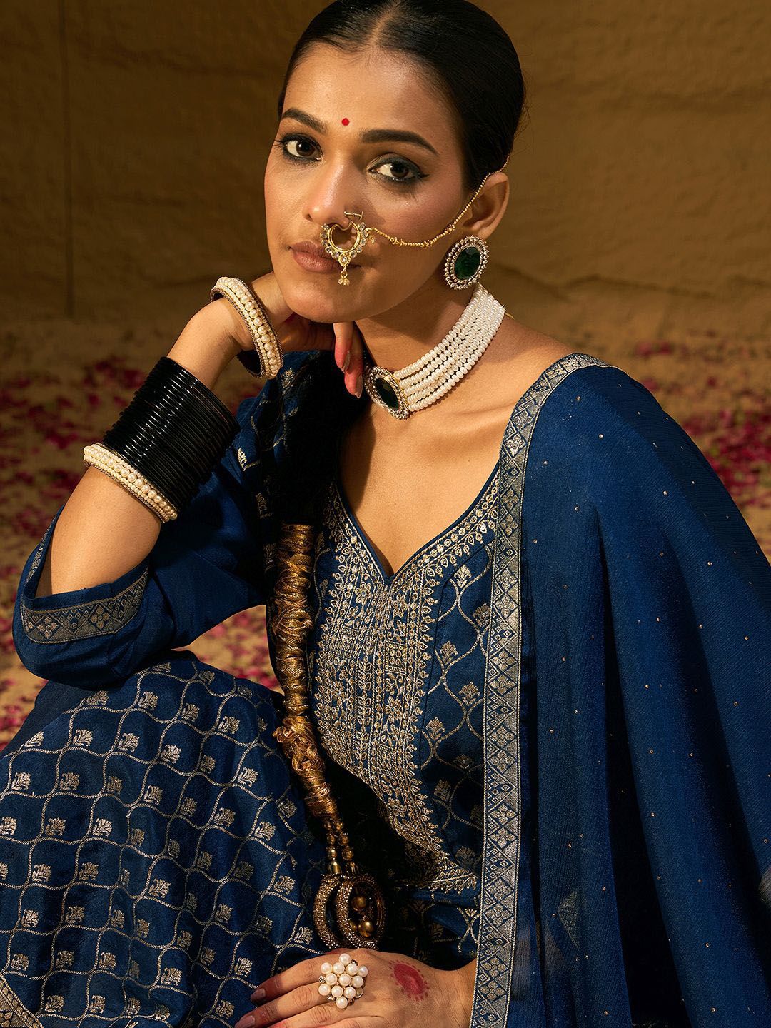 Indo Era Ethnic Motifs Embroidered V-Neck Jacquard Straight Kurta With Trousers & Dupatta